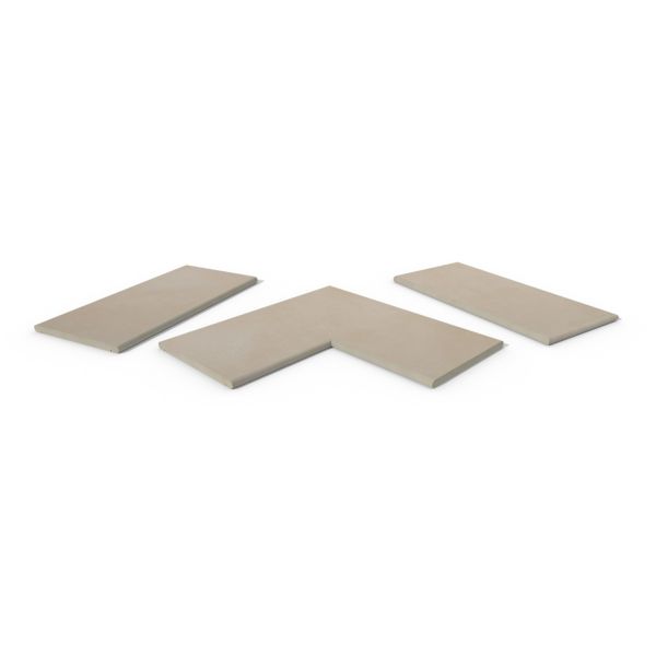 Venetian Beige 20mm bullnose coping collection, showing one each of straight, end and corner pieces, with 10-year guarantee.***