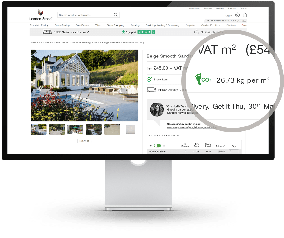 Screen showing Beige sawn sandstone product page, with carbon footprint information magnified within circle.