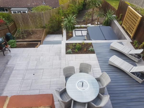 Grey Travertine Porcelain Outdoor Tiles for a Multi-Level Garden