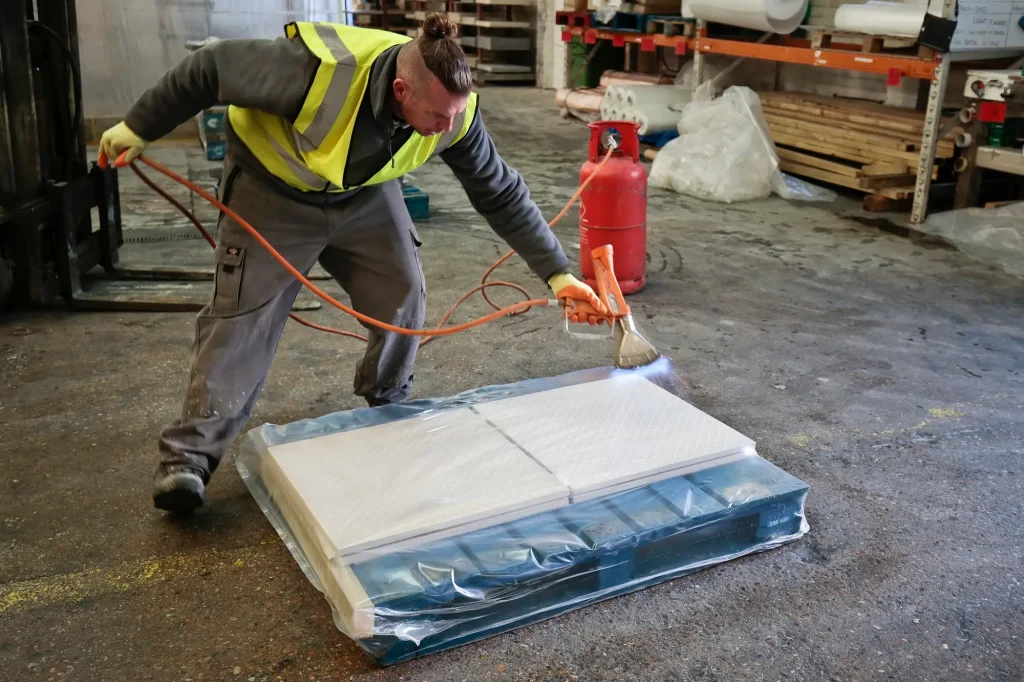 Man in hi-vis jacket leaning over pallet, using heat gun to shrink plastic packaging