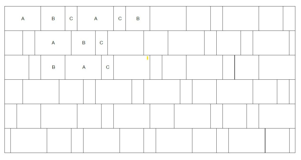 Diagram of 3 different size pavers laid in stretcher bond laying pattern.