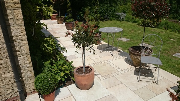 Tumbled mint sandstone mixed size paving on patio with tree in planter and adjacent lawn.
