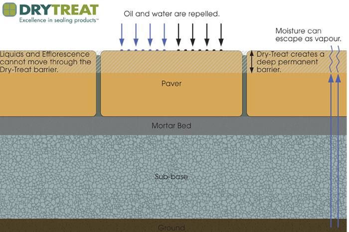 Diagram showing penetration of Dry Treat Stain Proof into paving slab
