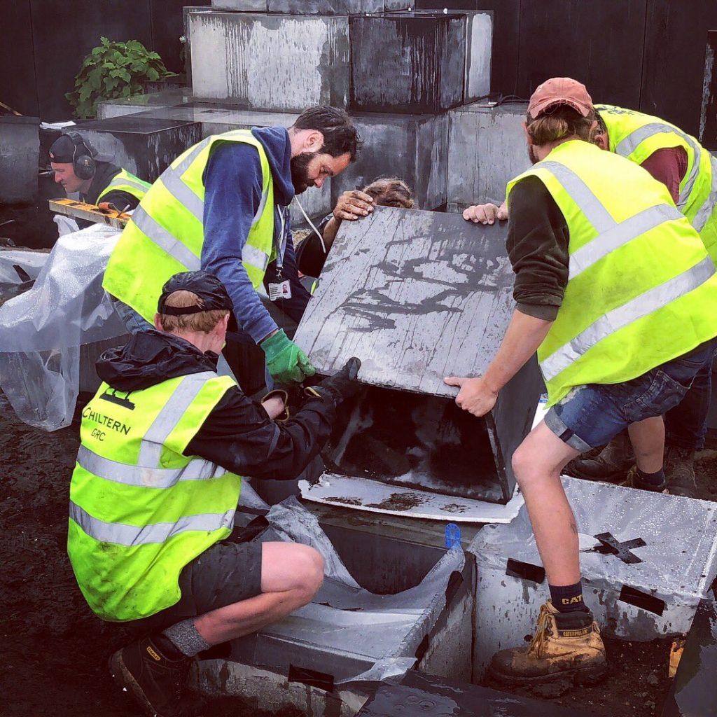 Concrete blocks being installed during RHS Chelsea 2018 build. Image courtesy of Robert Barker.