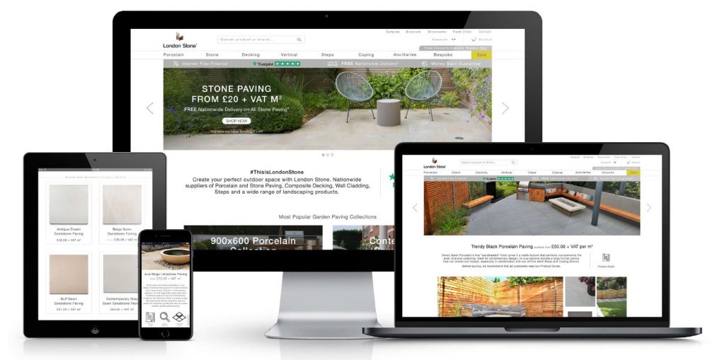 Laptop, desktop, tablet and smartphone screens all showing London Stone website