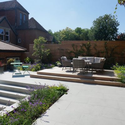 Light Grey porcelain with 10-Year Guarantee used for path, patio and steps.