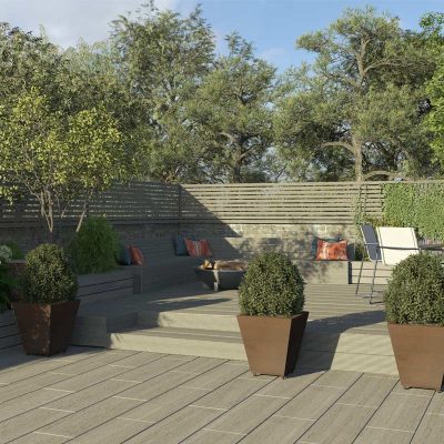Raised patio of DesignBoard Pebble Grey Grooved composite decking