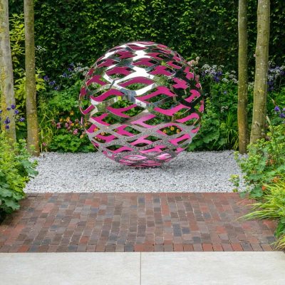 Abbey Dark Multi Clay Pavers with Silver Grey Porcelain and large metal sculpture on David Harber trade stand RHS Chelsea 2016