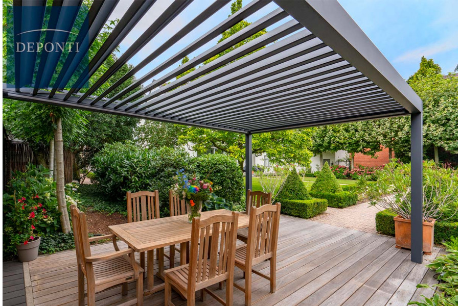 This metal pergola creates the perfect outdoor living room to relax and dine with friends and family.