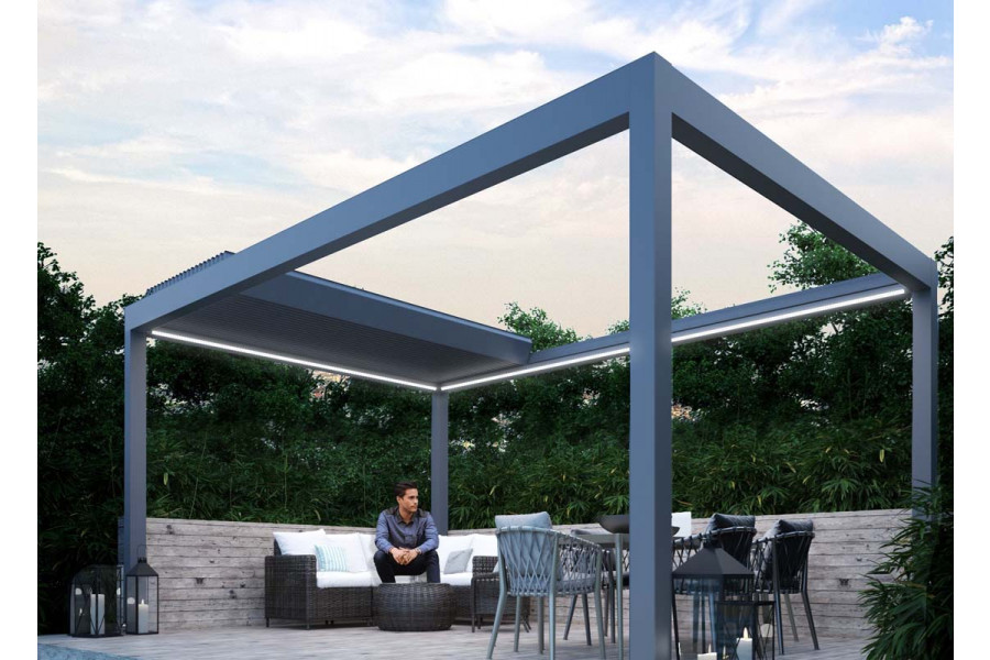 Our heavy duty metal pergola has its roof retracted as is sits over a comfortable garden sofa and table and chairs set.