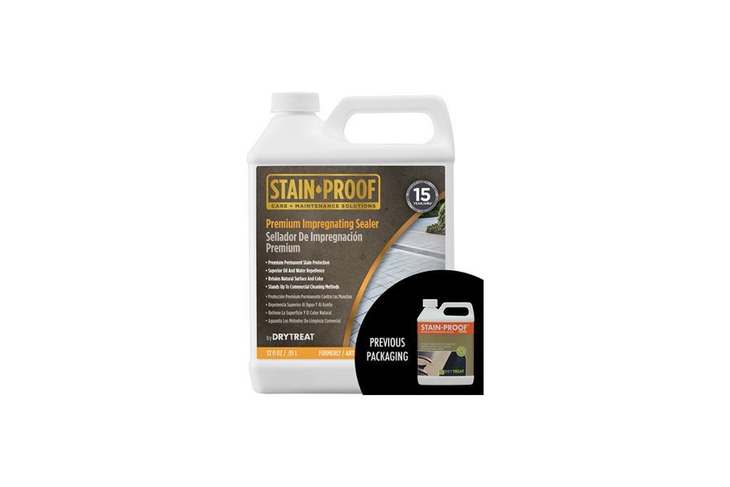 Dry Treat Stain Proof container, showing label and 15 year guarantee.