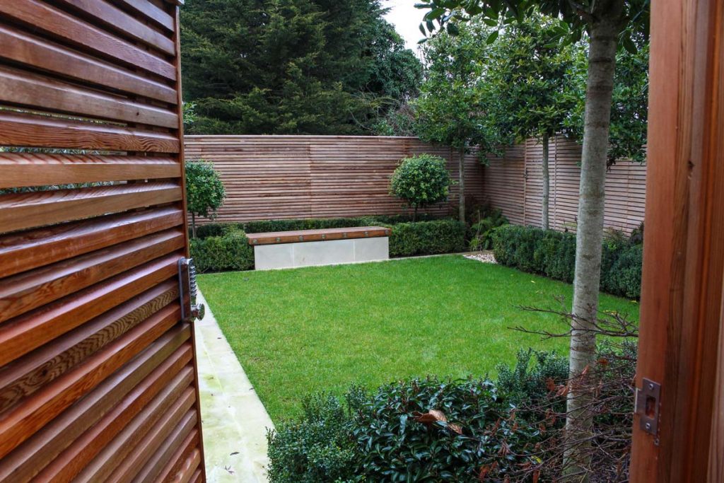 Redwood fencing and gate surround this contemporary style garden. 