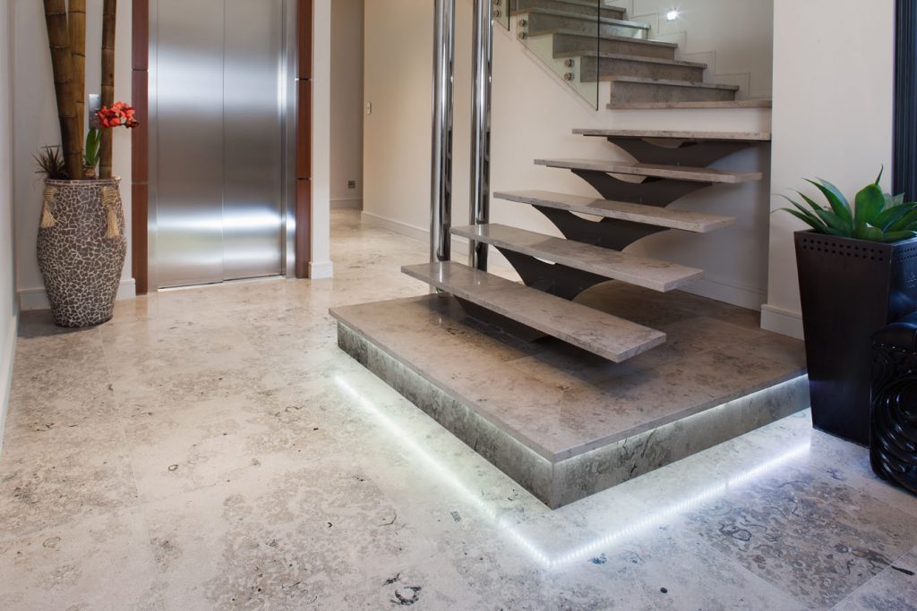 Make a bold statement around the home with jura grey limestone tiles.