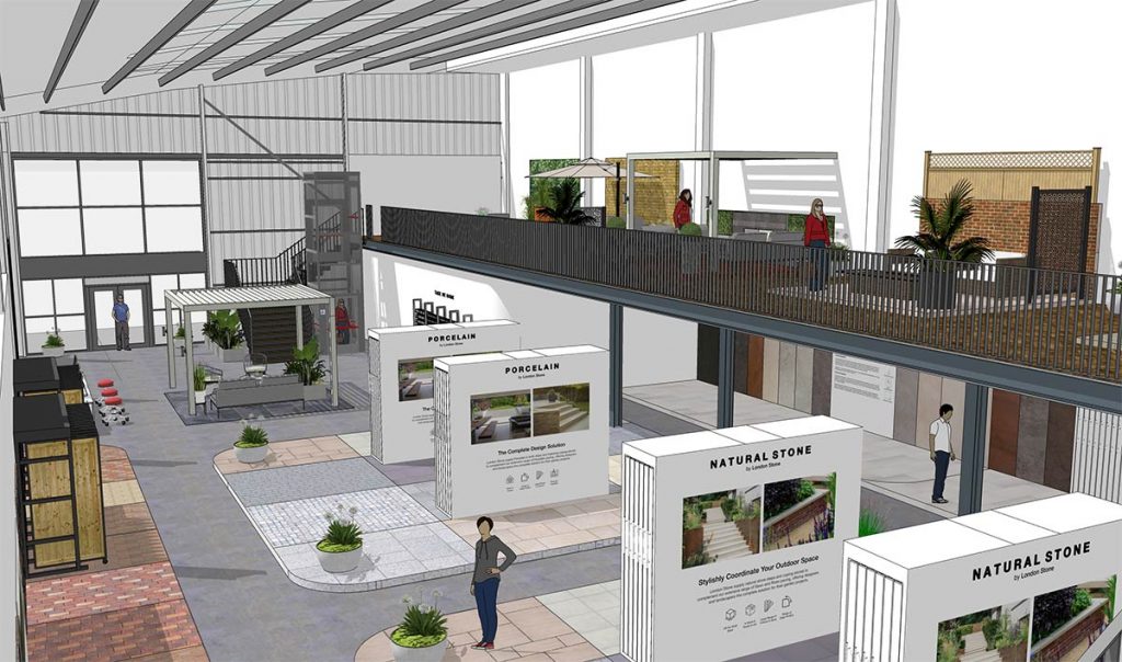 The ground floor of the London Stone Birmingham Showroom will display products like our porcelain and natural stone paving.