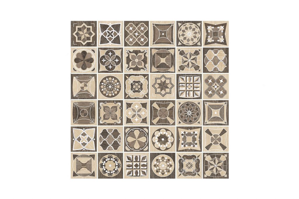 36 patterned tiles are randomly mixed to create a unique combination.