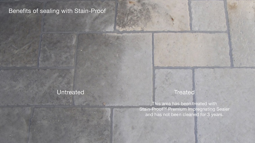 Paving, half treated with patio stone sealer, half not, showing how clean the sealed side looks after three years.