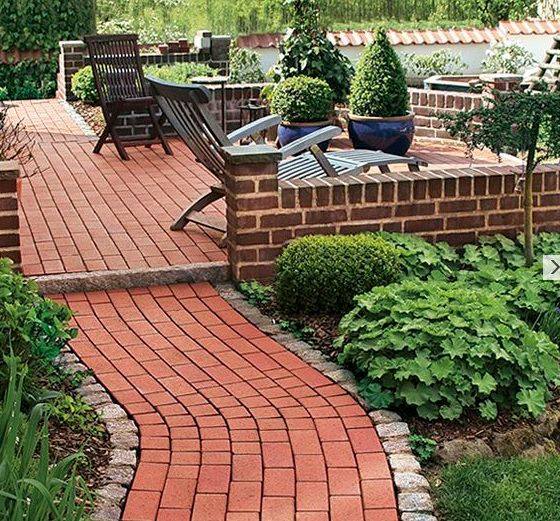 Our Delta Red Clay Pavers are used to create an impressive red brick pathway.