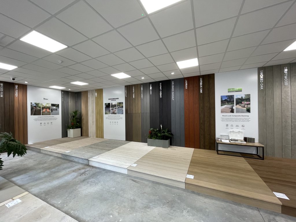 The London Stone showroom displays  composite decking from popular brands such as Trex, DesignBoard and Millboard