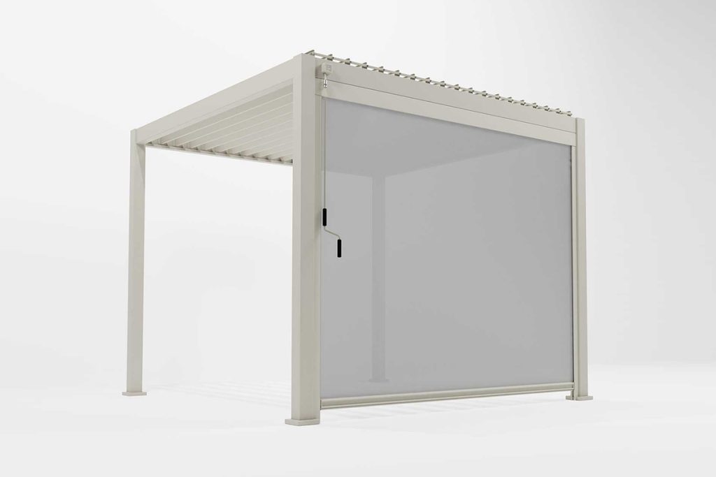 Pebble Grey metal pergola with louvred roof and optional side screen. 