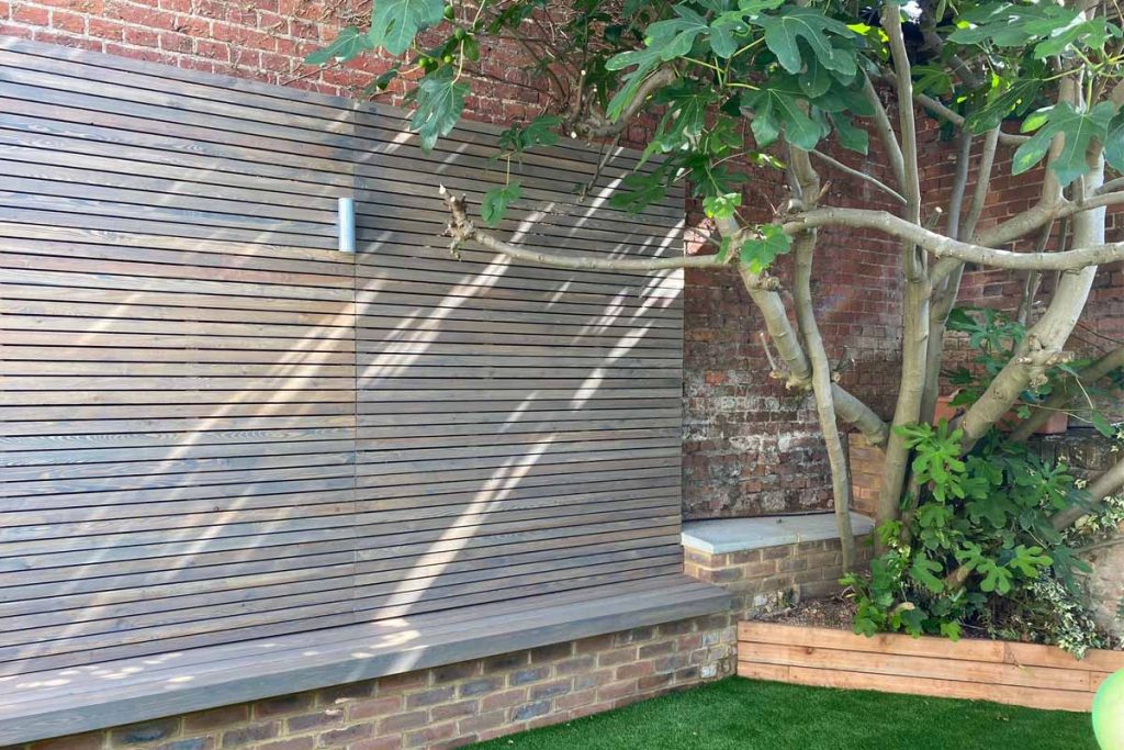 weathered larch fence panels cladding a brick wall, with fig tree and bench.