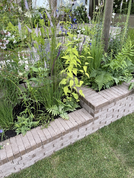 Aldridge Clay Pavers retaining walls of raised beds in MacMillan Legacy Garden, RHS Hampton Court Palace Garden Festival 2022