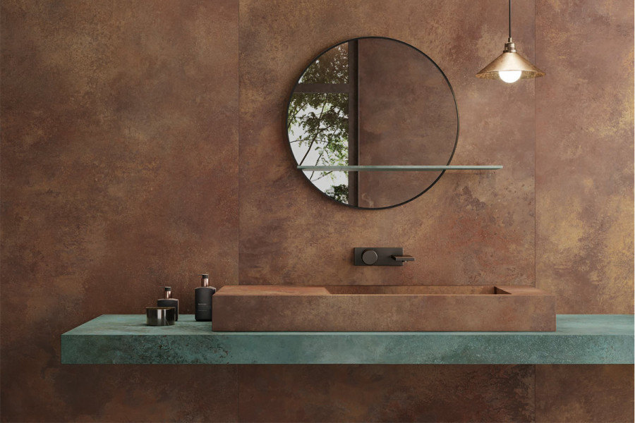 Our Copper Porcelain Tiles add a sense of warmth to your bathroom featuring rich and chromatic tones