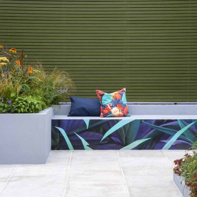 Come Lime with Me Young Designer garden, RHS Tatton Park 2022, by Emma Tipping, with Egyptian Beige Limestone paving and lime slatted fencing.