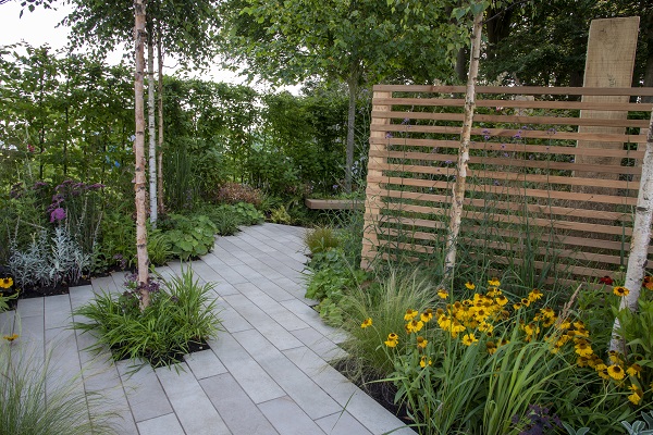 Porcelain patio idea with Cream plank paving in It's OK Not to BE OK, Tatton Park show garden 2021, by James Smith