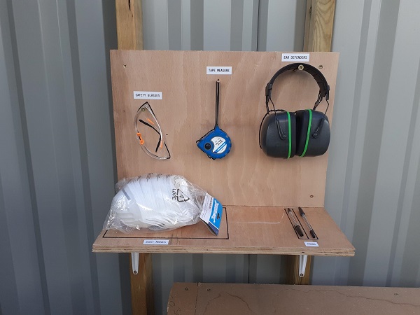 Shadow board displaying equipment for saw bench.