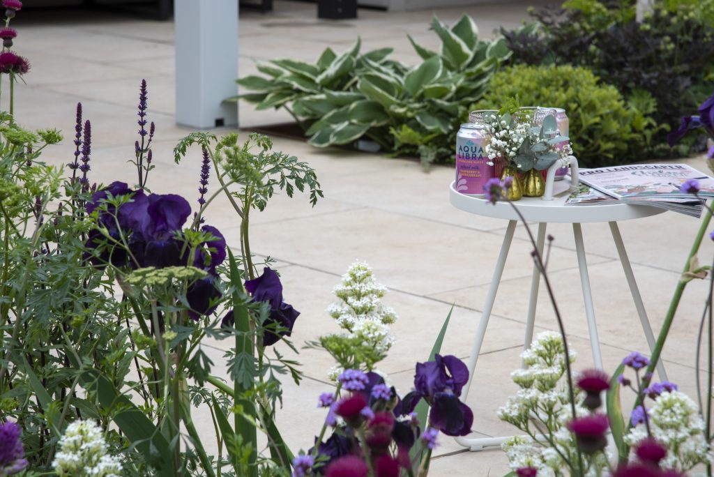 Purple flowers in front of Jura Beige porcelain paving with table and shade plants in background. 