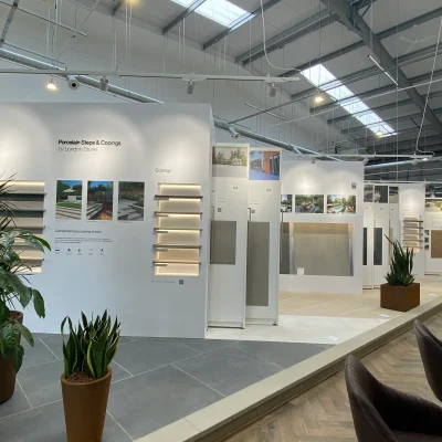 Bristol hard landscaping showroom with sliders, paving display, planters