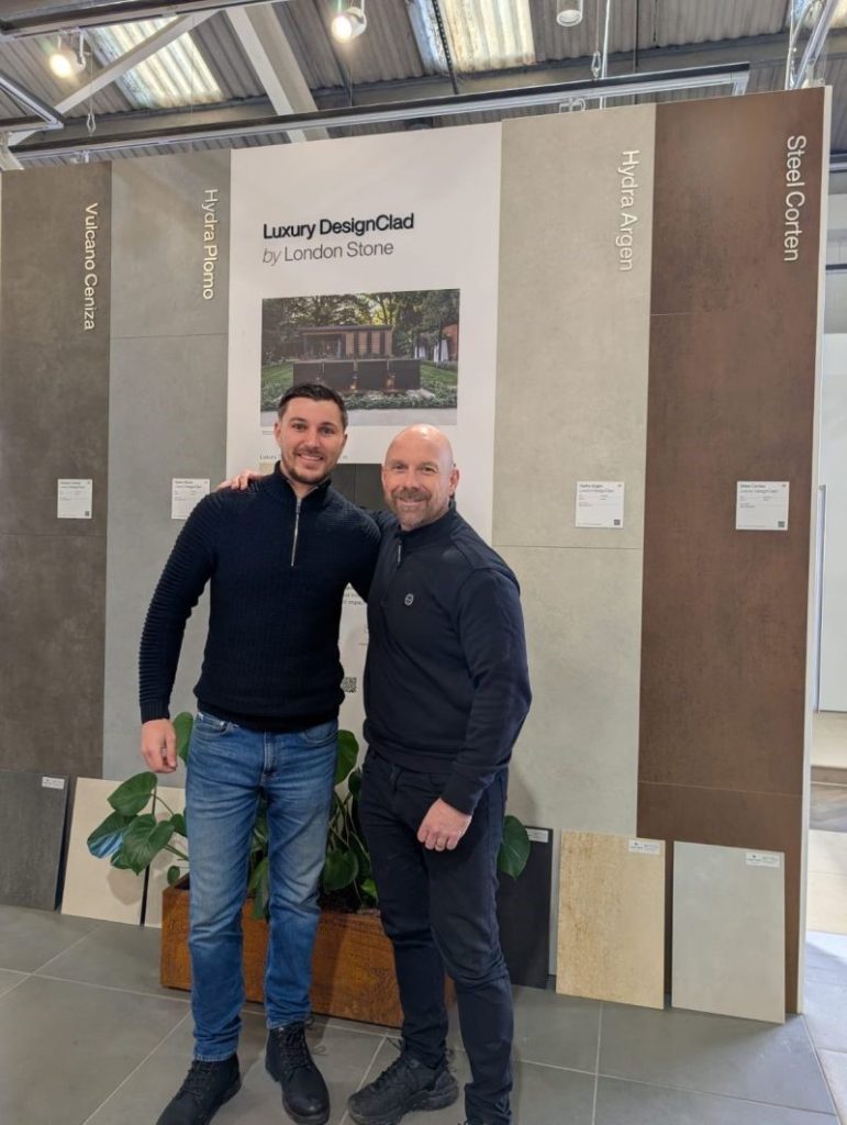 2 men standing in front of display in London Stone Surrey Showroom