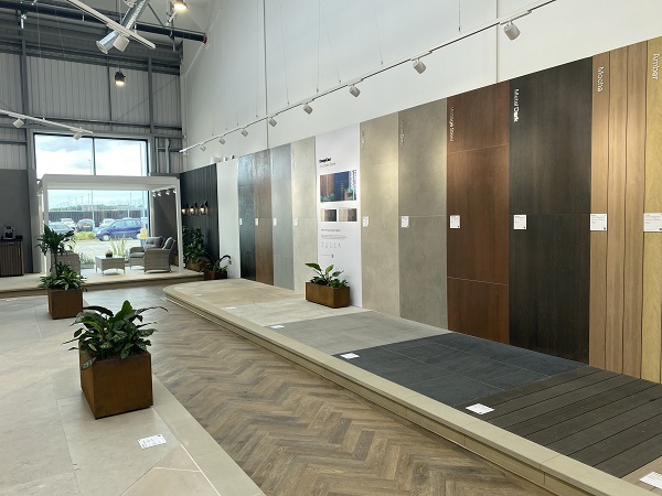 View along wall of DesignClad display in Bristol hard landscaping showroom.