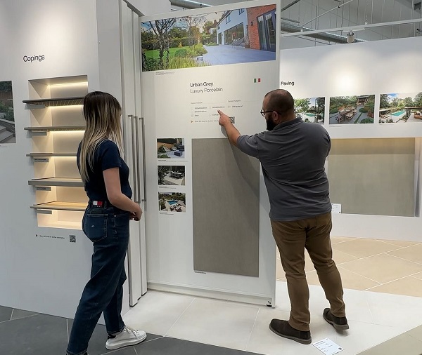Landscape consultant Nick Rixton at a porcelain display slider with customer in Bristol showroom