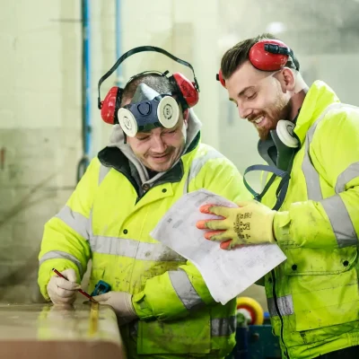 2 men in hi-vis jackets and ear defenders laugh as look at piece of paper one of them is holding.