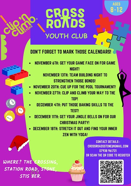 Brightly coloured poster detailing the opening and upcoming events of the Crossroads Youth Club, Stone, Staffs.