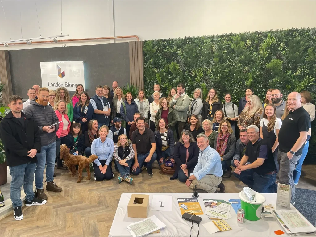 Group photo of designers and landscapers taken in front of Vistafolia wall in Bristol showroom at Meet the Supplier event. 