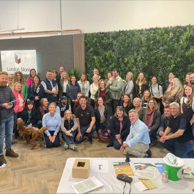 Group photo of designers and landscapers taken in front of Vistafolia wall in Bristol showroom at Meet the Supplier event.