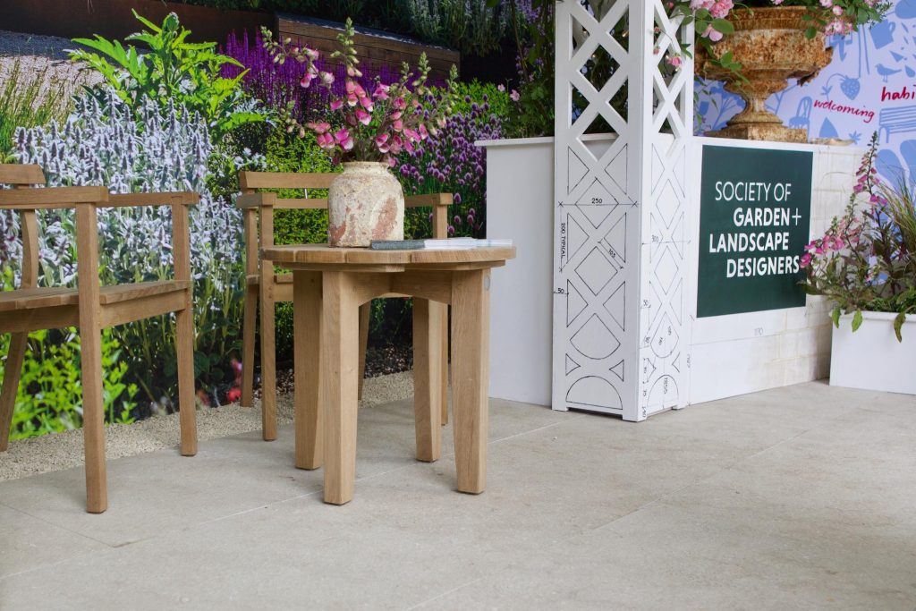 SGLD stand at Chelsea Flower Show 2025 with Vicenza Sand Flamed limestone paving