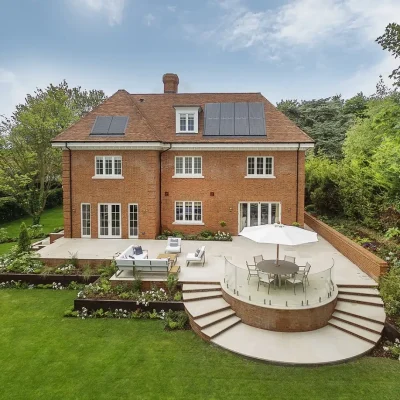 Brick house wtih large patio and curved steps descending to lawn.
