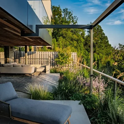 Patio in Bristol of Florence Grey porcelain paving and clay pavers Artisan Landscapes