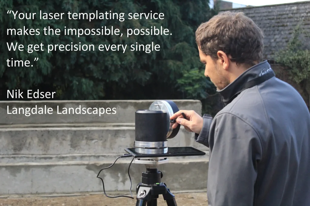 Man standing with laser templating equipment and quote about how good it is