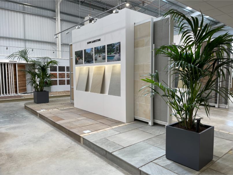 Display unit of sawn sandstone and laid gardens slabs in Birmingham showroom