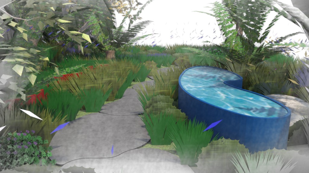 An artist's impression of a garden with kidney-shaped raised pond next to curved path, with lush planting.